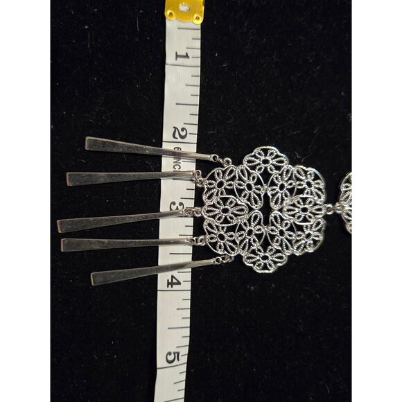 Vintage Silver Toned Flowers Pendant Chain Necklace With Five Dangle Bars Tassel - Picture 5 of 9